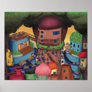 Treetop Fairy Village Copic Teckning Poster