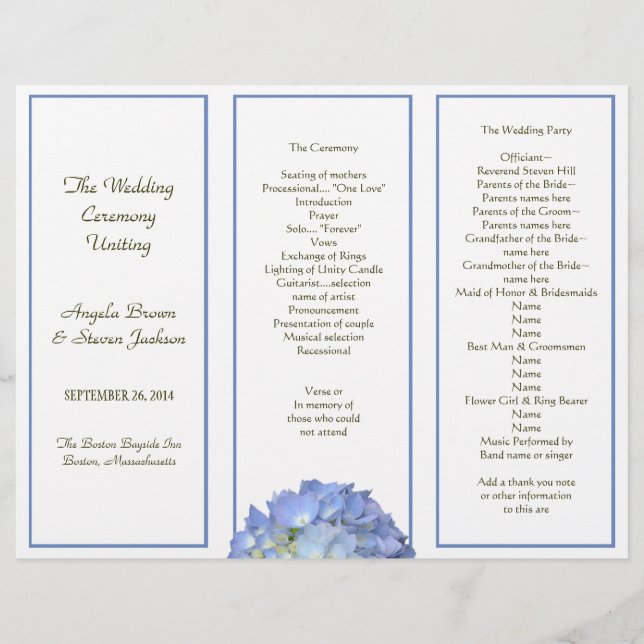 Trefaldigt bröllopsprogram med blå hortensia (Framsida)