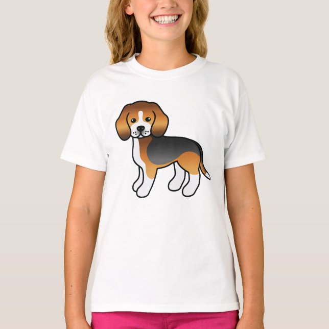 Trefärgad Beagle Söt Tecknad Hund T Shirt (Framsida)