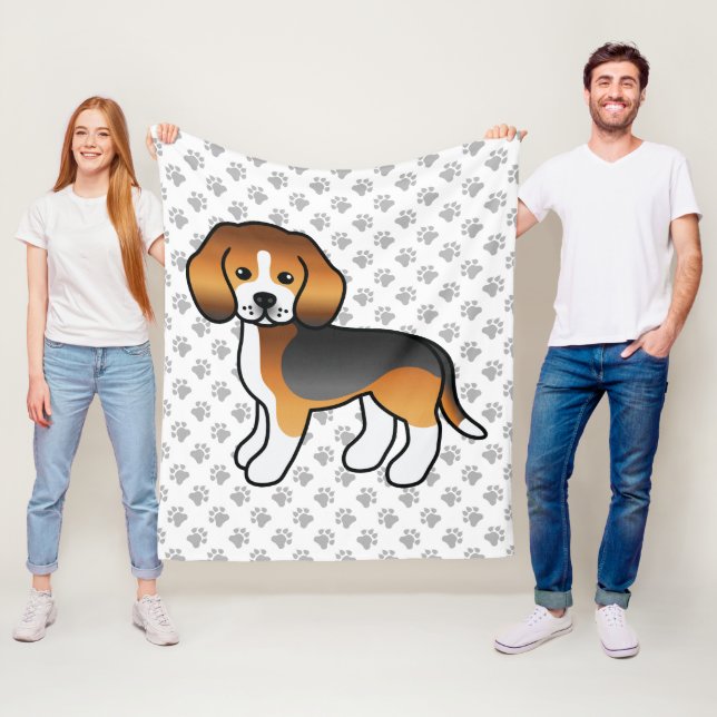 Trefärgad Beagle Tecknad Hund Och Tass Fleecefilt (På plats)