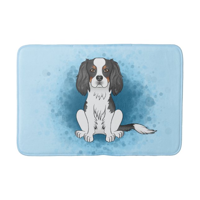Trefärgad Cavalier King Charles Spaniel Hund På Bl Badrumsmatta (Framsidan)