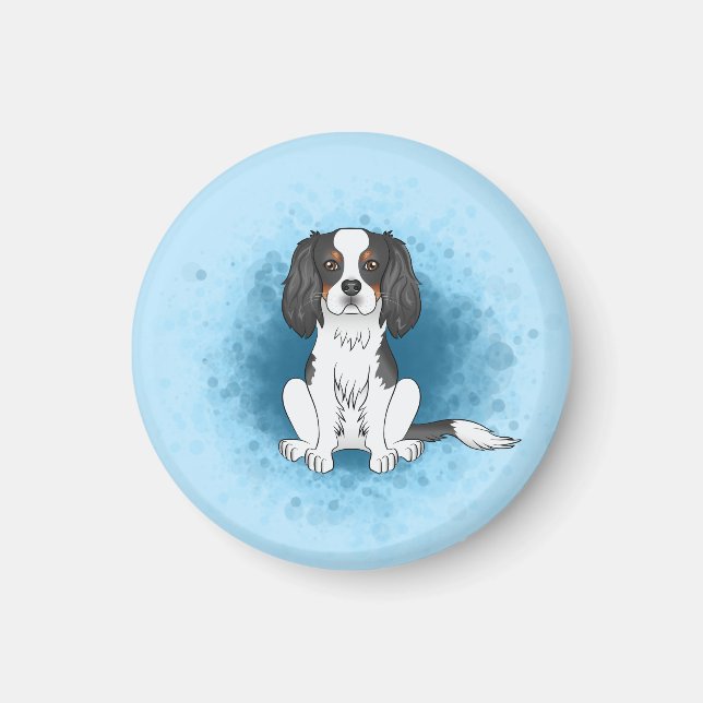 Trefärgad Cavalier King Charles Spaniel Hund På Bl Magnet (Framsidan)