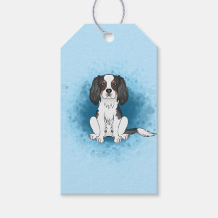 Trefärgad Cavalier King Charles Spaniel Hund På Bl Presentetikett