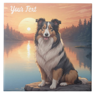 Trefärgad Collie vid sjö Kakelplatta