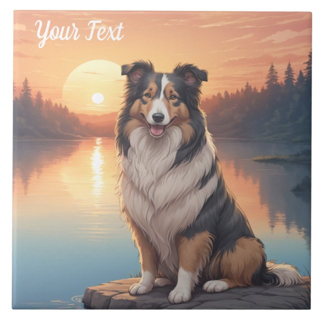 Trefärgad Collie vid sjö Kakelplatta (Framsidan)