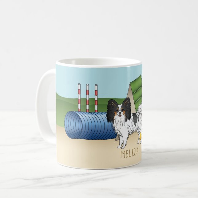 Trefärgad Fjärilshund för Agility med Eget Namn Kaffemugg (Framsida vänster)