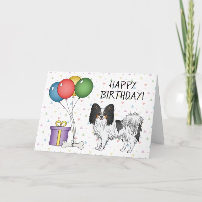 Trefärgad Fjärilshund Tecknad Hund Glad Födelsedag Kort (Framsida)