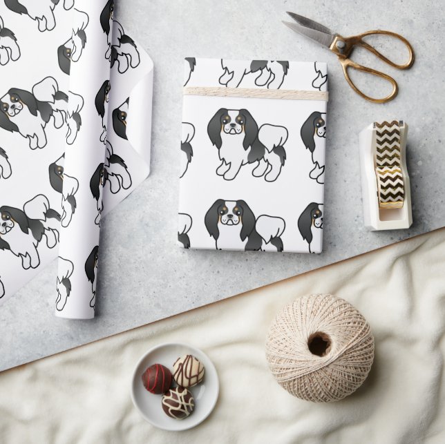 Trefärgad Japansk Chin Serieteckning Hundmönster Presentpapper (Hantverk)