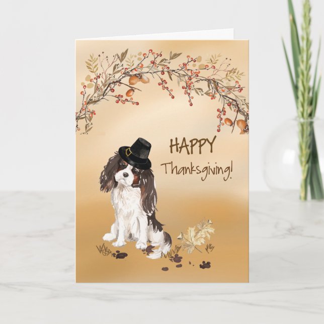 Trefärgad King Charles Spaniel Rolig Thanksgiving Kort (Framsida)