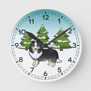 Trefärgad Shetland Sheepdog I En Vinter Skog Rund Klocka