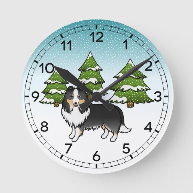 Trefärgad Shetland Sheepdog I En Vinter Skog Rund Klocka (Framsida)