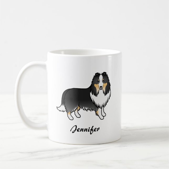 Trefärgad Shetland Sheepdog Tecknad Hund & Namn Kaffemugg (Vänster)