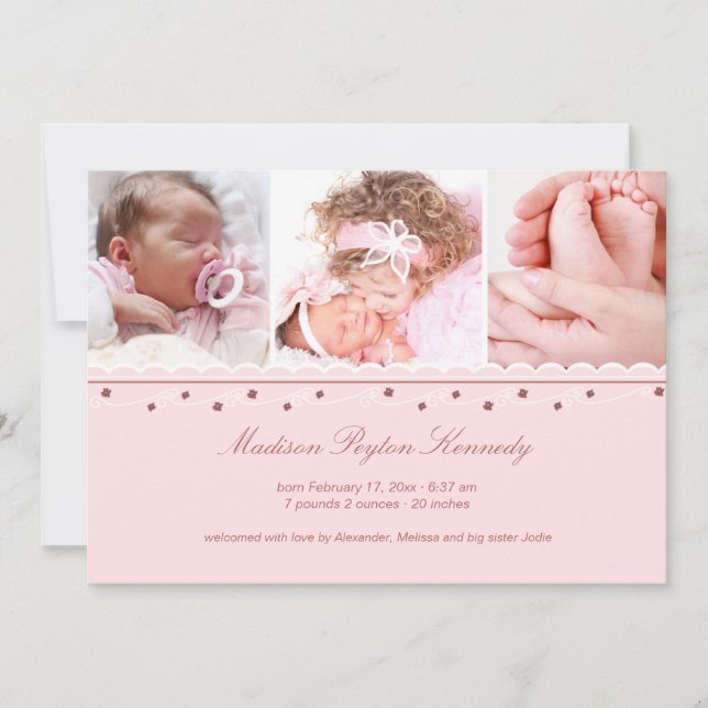 Trefoto Garland Girl Birth Notice Meddelande (Framsida)