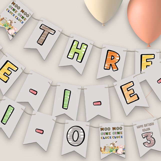 Trei-e-i-o Boskap 3:e födelsedagen Party Vimplar (Three-i-e-i-o nursery rhyme farm theme 3rd birthday 
party bunting)