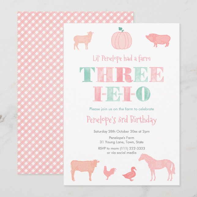 TREIEIO Rosa Pumpkin 3rd Birthday Party Inbjudningar (Fram/baksida)