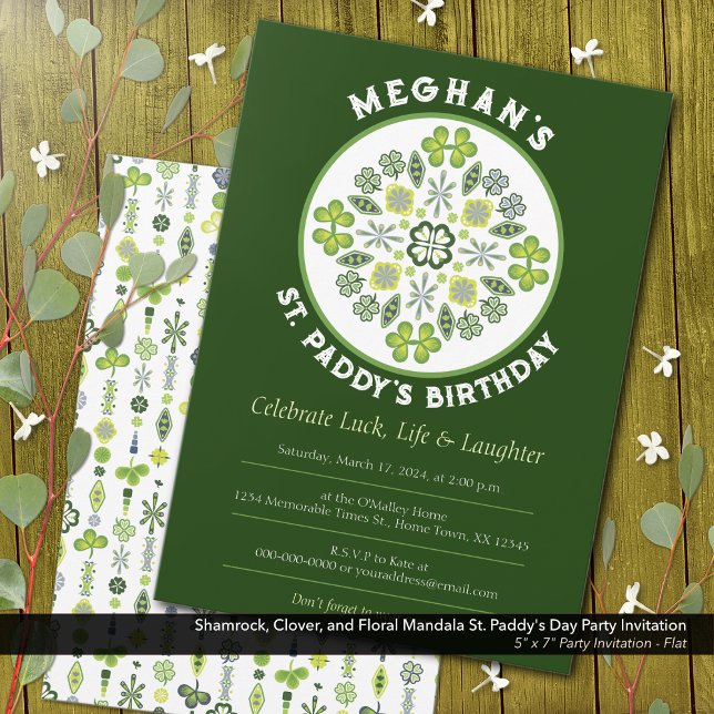 Trekväxt Mandala St. Patricks Födelsedagsfestival Inbjudningar (Shamrock, Clover, and Floral Lucky Mandala: St. Paddy's Birthday Party Invitation)