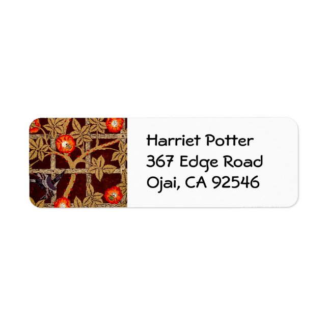 Trellis Birds Flowers Morris Bra Tapet Returadress Etikett (Framsidan)