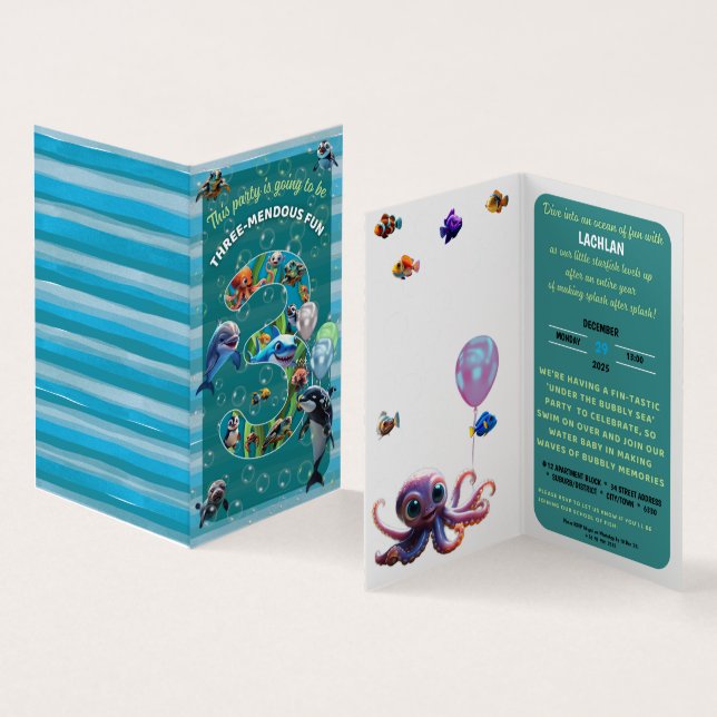 Tremuddig inbjudan till Lodrät i Party på födelsed Visitkort (In- och utsida)