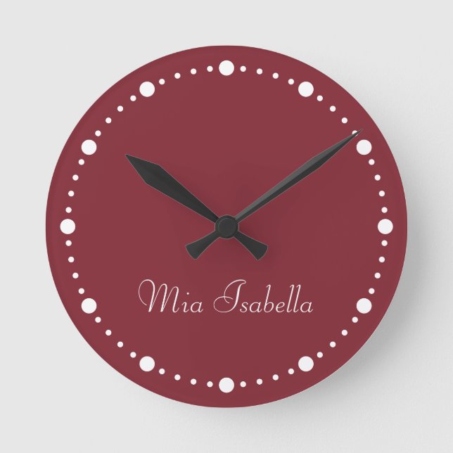 Trend Färg Crimson Red White Dots Round Clock Cloc Rund Klocka (Framsida)