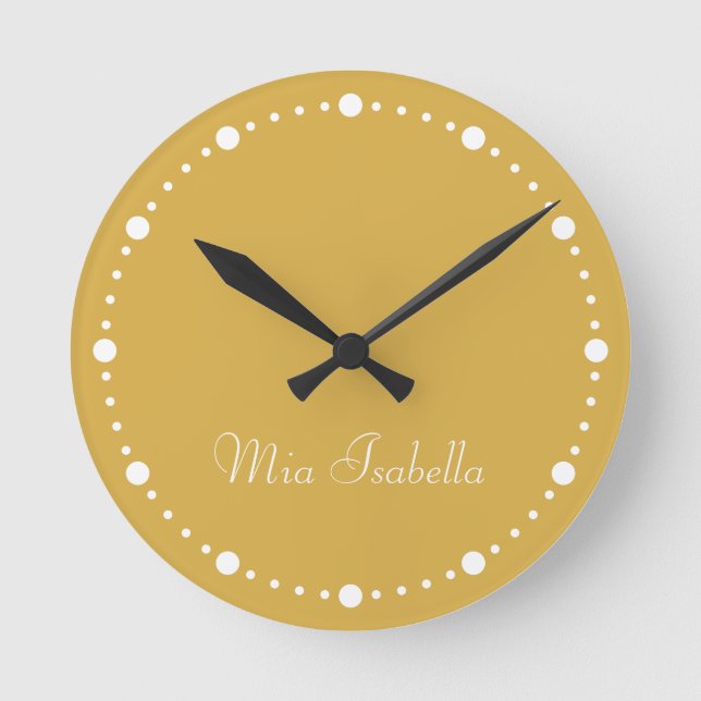 Trend Färg Golden Gult & White Dots Round Clock Rund Klocka (Framsida)