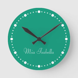 Trend Färg Jade Grönt White Dots Namn Round Clock Rund Klocka