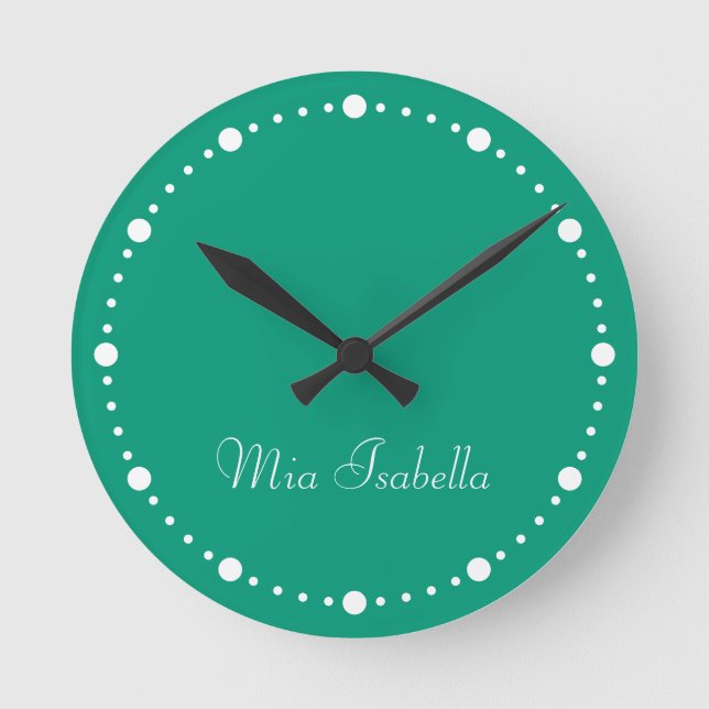 Trend Färg Jade Grönt White Dots Namn Round Clock Rund Klocka (Framsida)