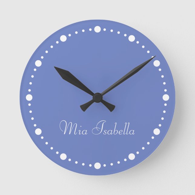 Trend Färg Jewel Blue White Dots Namn Round Clock Rund Klocka (Framsida)