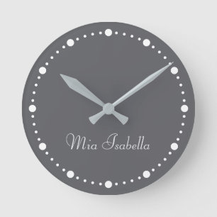 Trend Färg Slate Grått White Dots Namn Round Clock Rund Klocka