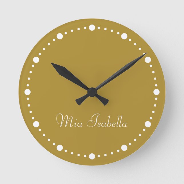 Trend Färg Sunny Olive White Dots Round Clock Cloc Rund Klocka (Framsida)