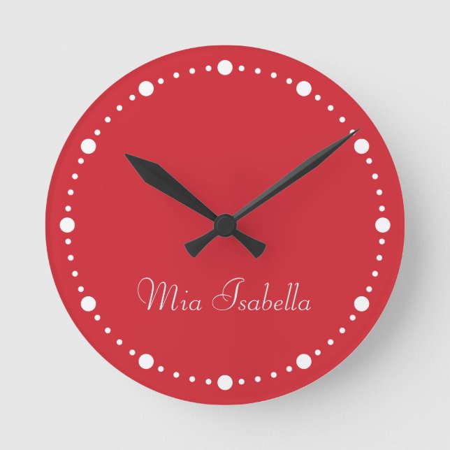 Trend Färg Vibrant Red & White Dots Round Clock Rund Klocka (Framsida)