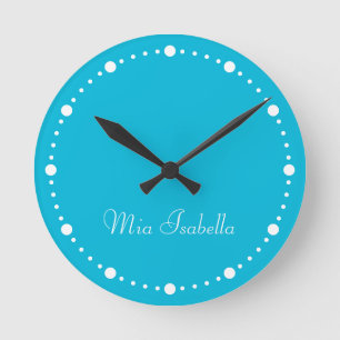 Trend Färg Vivid Cyan White Dots Namn Round Clock Rund Klocka