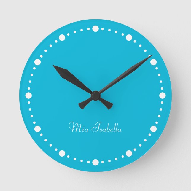 Trend Färg - Vivid Cyan White Dots Round Clock Rund Klocka (Framsida)