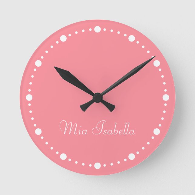 Trend Färg Watermelon Rosa White Dots Round Clock Rund Klocka (Framsida)
