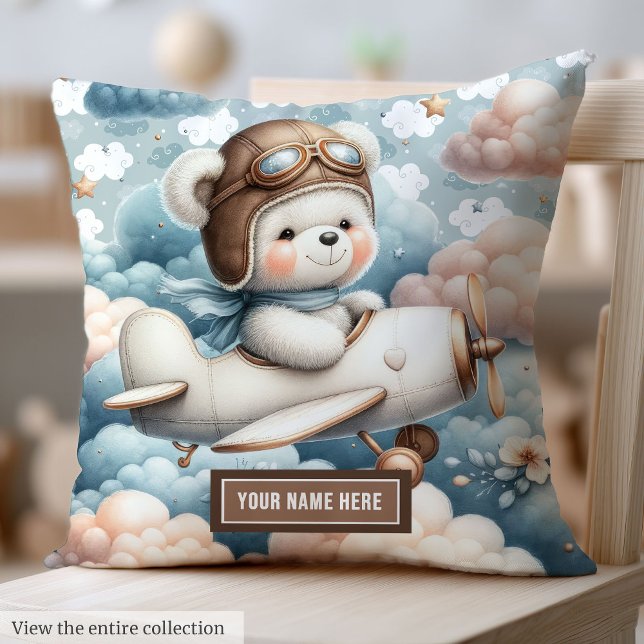 Trend söt nalle Pilot, babyduschkudde Kudde (Trend cute teddy bear pilot boy baby shower pillow)