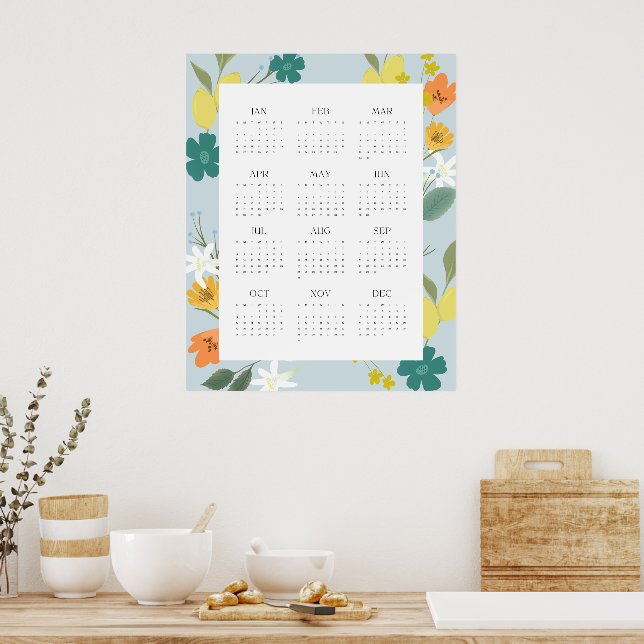 Trendig 2025 Pastellblå Vildblomma Helårs Kalender Poster (Kök)