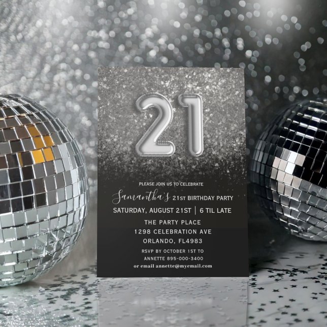 Trendig 21-årsfirande svart silver ballongtyp  inbjudningar (Skapare uppladdad)
