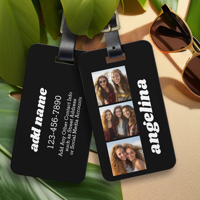 Trendig 3-foton och Chunky Namn - svart Bagagebricka (Personalized Luggage and Bag Tag)
