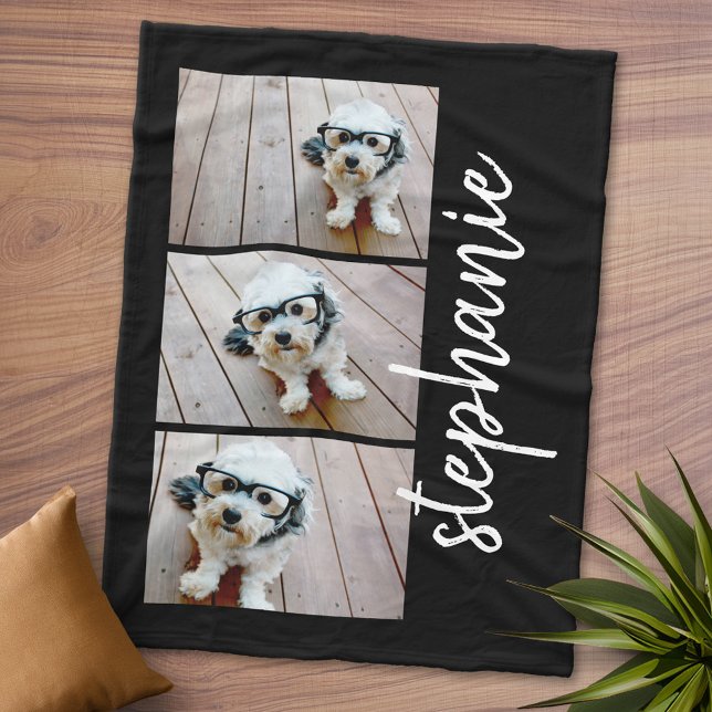 Trendig 3 Foton, svart och vitt, modernt skript na Fleecefilt (Personalized Fleece Blanket - Add Photos and Text or Customize completely in advanced design area)
