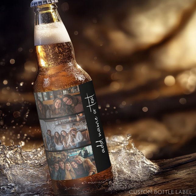 Trendig 3 Foton, svart och vitt, modernt skript na Ölflaska Etikett (Custom Beer Bottle Label - Photo Label)