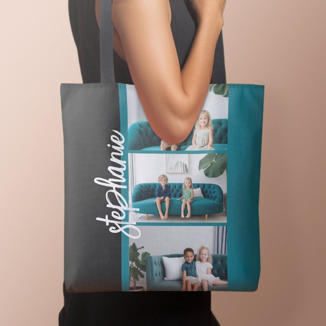 Trendig 3 Foton, svart och vitt, modernt skript na Tygkasse (Personalized tote bag with photo and text)