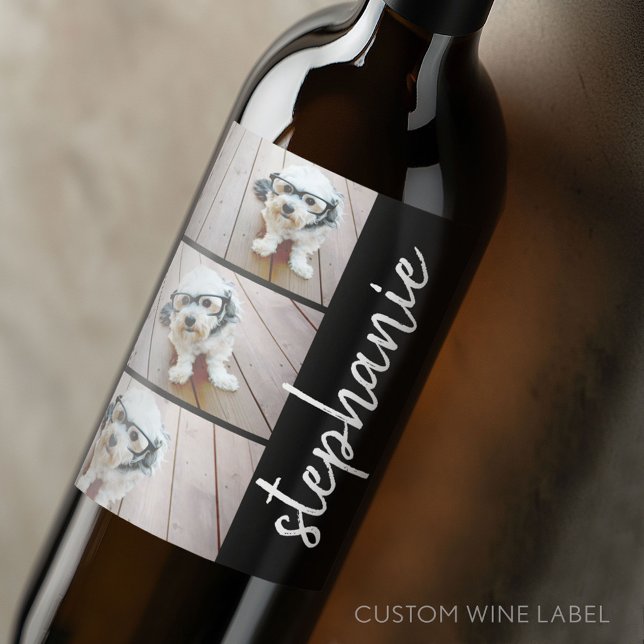 Trendig 3 Foton, svart och vitt, modernt skript na Vinflaska Etikett (Custom Wine Bottle Label - Personalize a Sticker for a fun gift or memento)