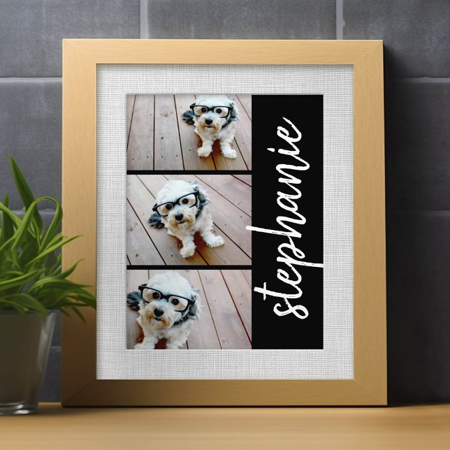 Trendig 3 Foton, svart, vitt, modernt skript namn Fototryck (Custom Frameable Art)