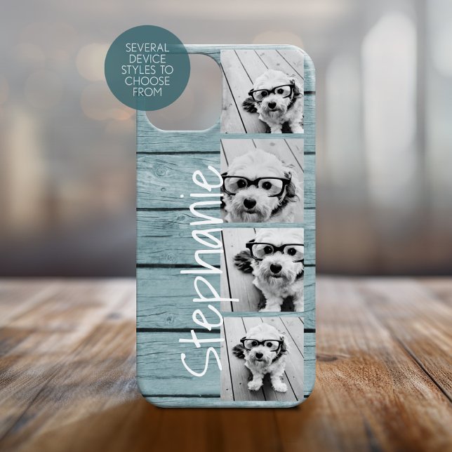 Trendig 4 bilder och namn - Blått träsnitt (Personalized Phone Case with Custom Text and Trendy Design)