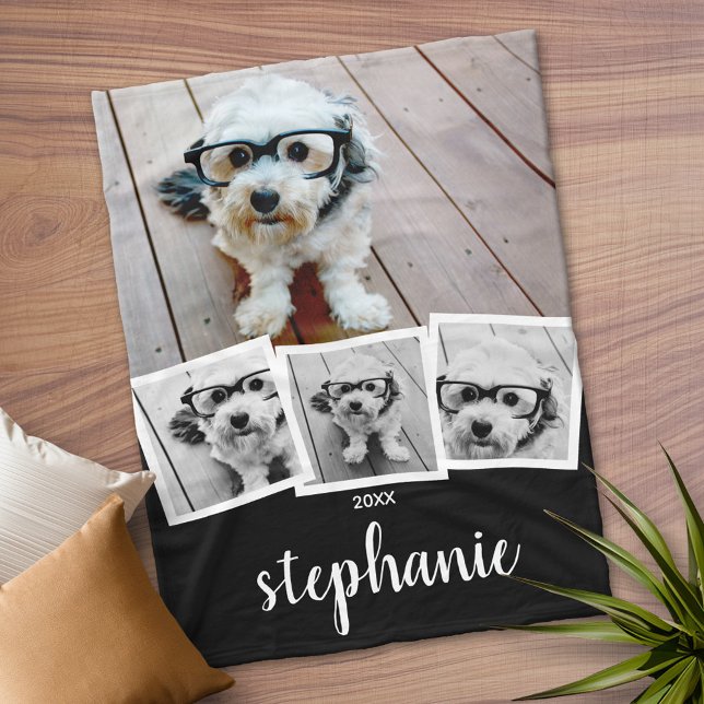 Trendig 4 Foto Collage Skriptnamn Vit Svart Fleecefilt (Personalized Fleece Blanket)