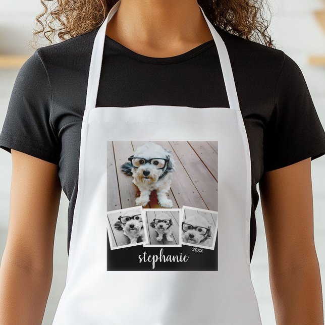 Trendig 4 Foto Collage Skriptnamn Vit Svart Förkläde (Personalized Kitchen Apron)