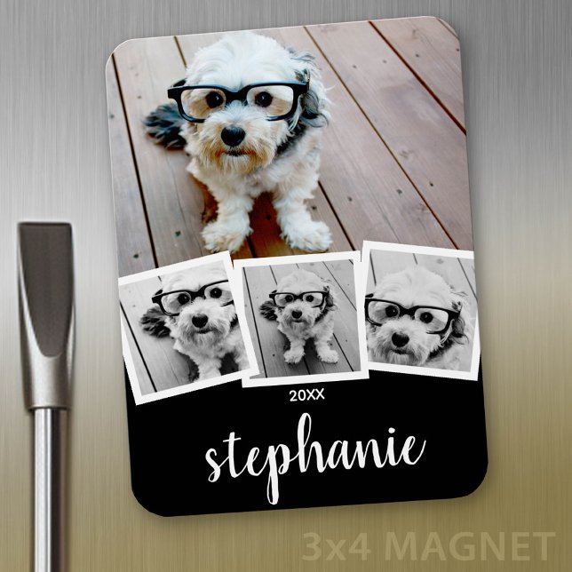 Trendig 4 Foto Collage Skriptnamn Vit Svart Magnet (Personalized fridge magnet - add photos and custom text)