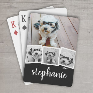 Trendig 4 Photo Collage Script Namn White Black Casinokort