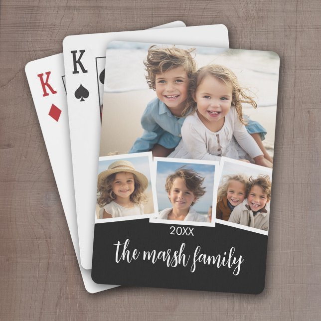 Trendig 4 Photo Collage Script Namn White Black Casinokort (Personalize this set of playing cards with a photo collage and and family name)