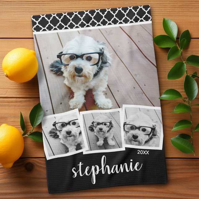 Trendig 4 Photo Collage Script Namn White Black Kökshandduk (Personalized Kitchen Towel with photos and text - Makes a great gift)