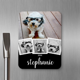 Trendig 4 Photo Collage Script Namn White Black Magnet